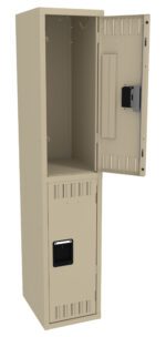 Tall beige locker with two compartments. The upper door is open, showing the empty interior, while the lower door remains closed. Both doors have vented slots and black handles.