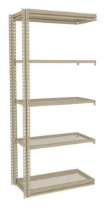 A beige metal shelving unit with five perforated shelves. The shelves are evenly spaced and supported by vertical brackets with a pattern of small holes. The unit is freestanding and suited for storage or organization.