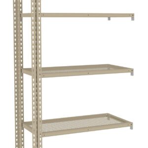 A beige metal shelving unit with five perforated shelves. The shelves are evenly spaced and supported by vertical brackets with a pattern of small holes. The unit is freestanding and suited for storage or organization.