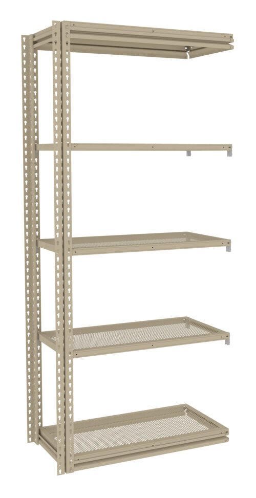 A beige metal shelving unit with five perforated shelves. The shelves are evenly spaced and supported by vertical brackets with a pattern of small holes. The unit is freestanding and suited for storage or organization.
