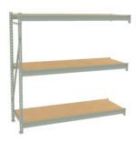 A metal shelving unit with three wooden shelves. The shelves are supported by a light gray metal frame, featuring vertical support beams with holes for adjustable shelf heights. The design is industrial and sturdy, ideal for storage.