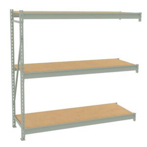 A metal shelving unit with three wooden shelves. The shelves are supported by a light gray metal frame, featuring vertical support beams with holes for adjustable shelf heights. The design is industrial and sturdy, ideal for storage.