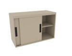 A beige storage cabinet with two sliding doors. One door is open, revealing two shelves inside. The cabinet has minimalist handles and a plain design, set against a white background.