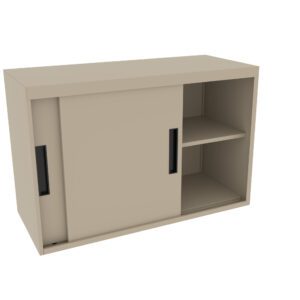 A beige storage cabinet with two sliding doors. One door is open, revealing two shelves inside. The cabinet has minimalist handles and a plain design, set against a white background.