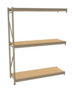 A metal shelving unit with three wooden shelves, supported by a beige metal frame. The shelves are evenly spaced, providing ample storage space and are designed for use in garages or warehouses.