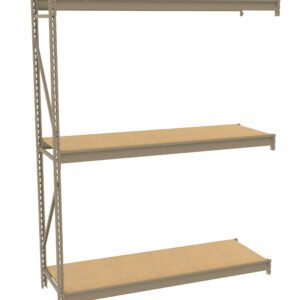 A metal shelving unit with three wooden shelves, supported by a beige metal frame. The shelves are evenly spaced, providing ample storage space and are designed for use in garages or warehouses.