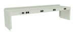 A metal power strip featuring multiple black outlets, a red power switch, and a light gray casing. The strip is designed for under-desk or wall mounting, with holes for screws visible on its edges.