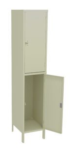 A beige metal locker with two compartments is shown. The upper compartment is closed, and the lower compartment is open. The locker stands on four legs.