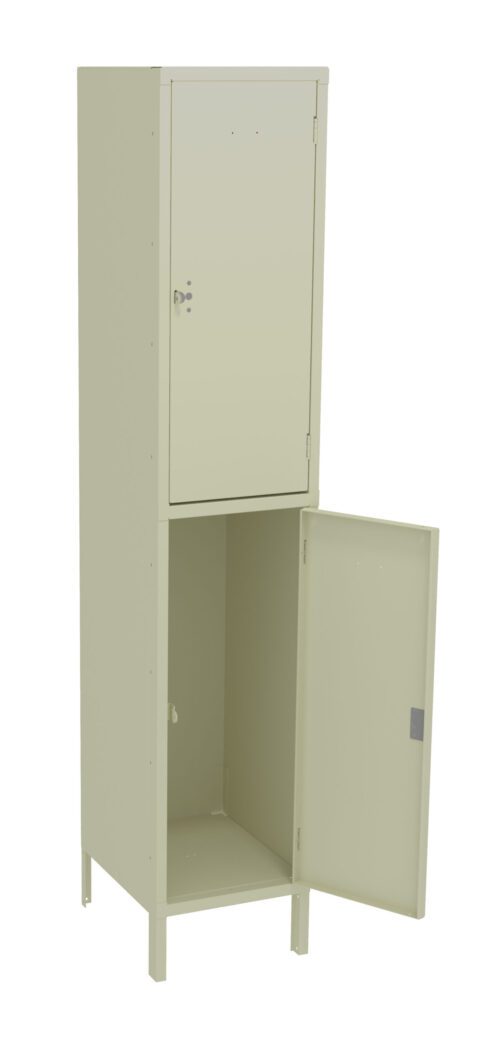 l09eii9f9yj1d5pj9aqf.jpg A beige metal locker with two compartments is shown. The upper compartment is closed, and the lower compartment is open. The locker stands on four legs.