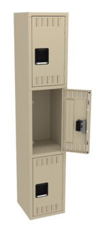 A beige metal locker with three compartments is pictured. The middle compartment door is open, revealing an empty space inside. Each compartment has a black handle and ventilation slits.