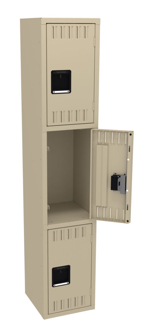 l0bkqssunjlbjjnhhtuv.jpg A beige metal locker with three compartments is pictured. The middle compartment door is open, revealing an empty space inside. Each compartment has a black handle and ventilation slits.