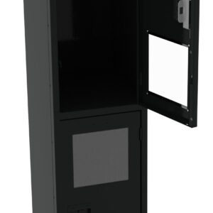 A tall, black metal server rack with an open front door. The rack has multiple shelves and compartments visible inside. The bottom section has a closed door with mesh panels for ventilation.