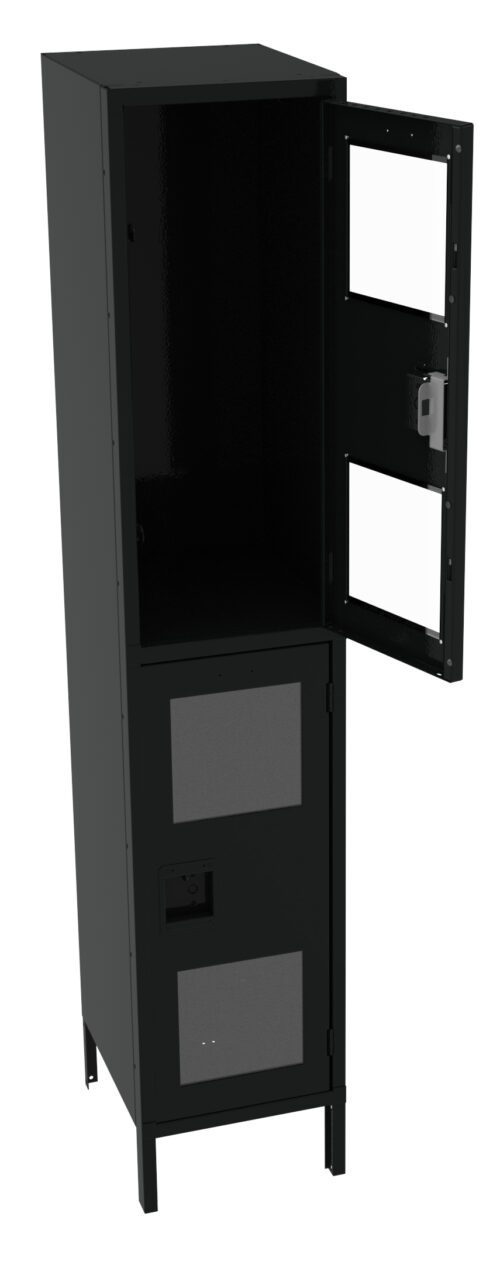 A tall, black metal server rack with an open front door. The rack has multiple shelves and compartments visible inside. The bottom section has a closed door with mesh panels for ventilation.