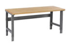 A wooden-top workbench with a sturdy gray metal frame. The bench has adjustable legs and a rectangular design, suitable for workshops or garages.