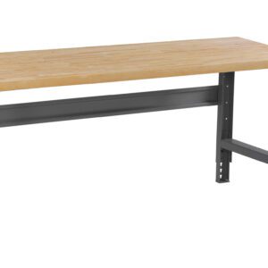 A wooden-top workbench with a sturdy gray metal frame. The bench has adjustable legs and a rectangular design, suitable for workshops or garages.