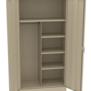 Open beige metal storage cabinet with two doors. Inside, it features a rod for hanging items on the left and four adjustable shelves on the right, providing ample storage space.