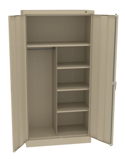 Open beige metal storage cabinet with two doors. Inside, it features a rod for hanging items on the left and four adjustable shelves on the right, providing ample storage space.