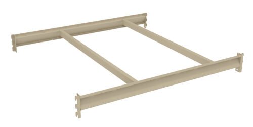 l1x9se6c6ckqtnqoenb3.jpg A beige metallic bed frame with two sturdy horizontal beams connected by three vertical slats. The frame appears simple and unadorned, designed for mattress support. The corners have connectors for assembly.
