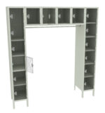 A large, metal letter locker featuring two vertical columns of lockers on the sides and a row on top, forming a U-shape. Each locker has an individual door with a transparent panel. One door on the left column is open.