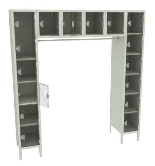 A large, metal letter locker featuring two vertical columns of lockers on the sides and a row on top, forming a U-shape. Each locker has an individual door with a transparent panel. One door on the left column is open.