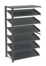 Tall, gray, metal shelving unit with six adjustable shelves, angled slightly upward. The unit features perforated side supports for added stability, set against a plain white background.