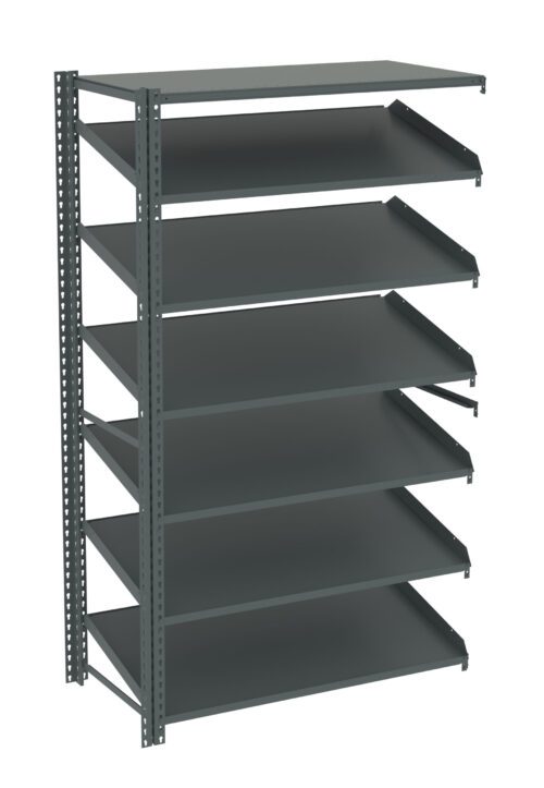 Tall, gray, metal shelving unit with six adjustable shelves, angled slightly upward. The unit features perforated side supports for added stability, set against a plain white background.