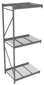 A grey metal shelving unit with three wire grid shelves. The shelves are supported by a vertical frame with cross-bracing on the sides, designed for heavy-duty storage. The unit is freestanding and has an industrial appearance.