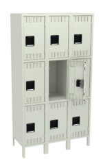 A light gray metal locker unit with nine compartments arranged in three rows of three. One locker is open, showing an empty interior. The lockers have black handle slots for easy access.