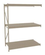 A beige three-tier metal shelving unit with slatted shelves, shown on a white background. The shelves are supported by metal frames on the sides, with perforated holes for adjustable height.