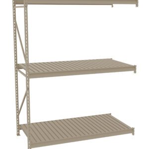 A beige three-tier metal shelving unit with slatted shelves, shown on a white background. The shelves are supported by metal frames on the sides, with perforated holes for adjustable height.