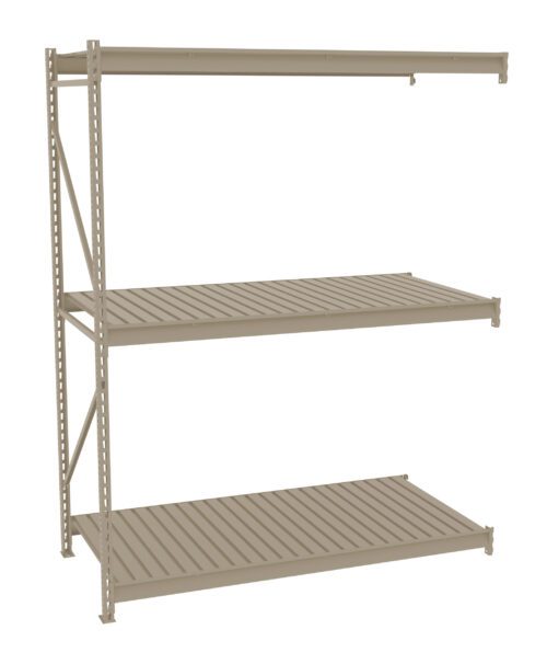 A beige three-tier metal shelving unit with slatted shelves, shown on a white background. The shelves are supported by metal frames on the sides, with perforated holes for adjustable height.