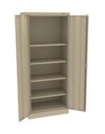A beige metal storage cabinet with four shelves is shown. The door is open, revealing the empty interior. The cabinet has a simple, industrial design.