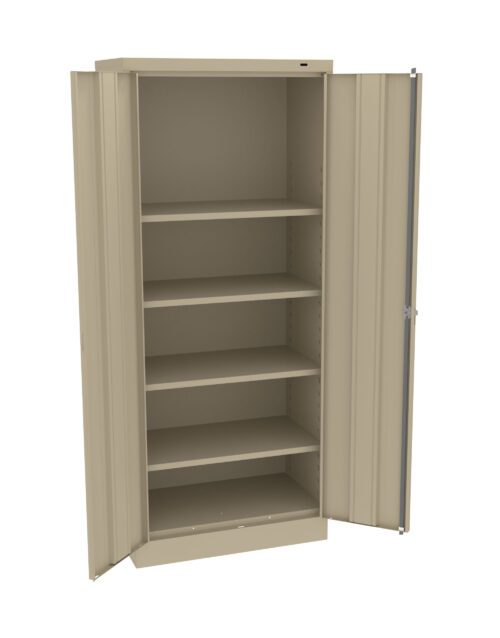 A beige metal storage cabinet with four shelves is shown. The door is open, revealing the empty interior. The cabinet has a simple, industrial design.