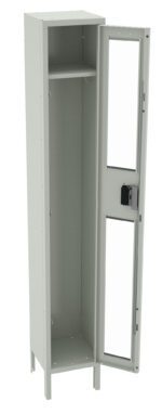 Tall, light gray metal electrical enclosure with an open door. The door has a rectangular window and a lock. Inside, there is a single shelf near the top. The enclosure stands on four short legs.