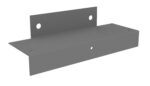 Gray metal bracket with two sections forming an L-shape. One section is flat with two large holes, and the other is perpendicular with several smaller holes. The design appears suitable for wall mounting or support.