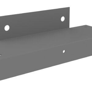 Gray metal bracket with two sections forming an L-shape. One section is flat with two large holes, and the other is perpendicular with several smaller holes. The design appears suitable for wall mounting or support.