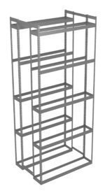 A metal shelving unit with multiple horizontal shelves and vertical supports, designed for storage. The unit is tall, rectangular, and open at the front and sides, showing a grid-like structure suitable for organizing items.