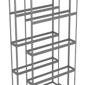 A metal shelving unit with multiple horizontal shelves and vertical supports, designed for storage. The unit is tall, rectangular, and open at the front and sides, showing a grid-like structure suitable for organizing items.