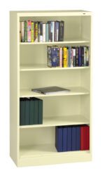 A beige bookshelf with five shelves. The top two shelves hold a variety of books, with colorful spines facing outward. The third shelf has a few flat, large books. The bottom two shelves contain neatly stacked binders, some black and some blue.