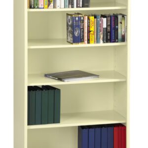 A beige bookshelf with five shelves. The top two shelves hold a variety of books, with colorful spines facing outward. The third shelf has a few flat, large books. The bottom two shelves contain neatly stacked binders, some black and some blue.