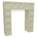 A beige locker unit with multiple compartments forming a U-shape. There are two vertical columns with five lockers each and a horizontal row on top with five additional lockers. Each locker has vents and a lock mechanism.
