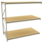 A metal storage rack with three empty wooden shelves, positioned at an angle. The unit has a sturdy frame with support beams, suitable for organizing or storing items in a garage or warehouse setting.