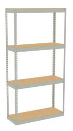 A metal shelving unit with four wooden shelves, designed for storage and organization. The structure is lightweight and suitable for garages or warehouses, with perforated metal sides allowing adjustable shelf placement.