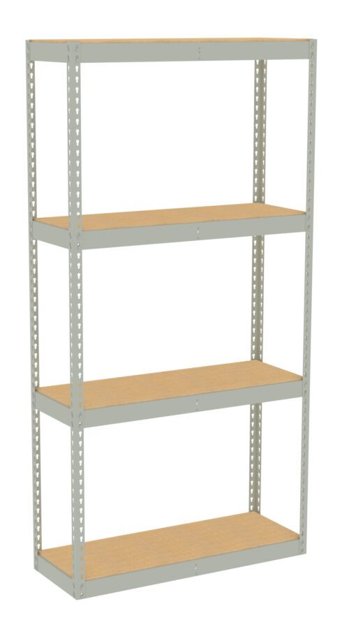 A metal shelving unit with four wooden shelves, designed for storage and organization. The structure is lightweight and suitable for garages or warehouses, with perforated metal sides allowing adjustable shelf placement.