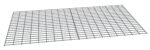 An angled view of a rectangular metal grid with evenly spaced square openings, resembling a wire mesh or fencing material, against a plain white background.