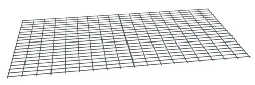 An angled view of a rectangular metal grid with evenly spaced square openings, resembling a wire mesh or fencing material, against a plain white background.
