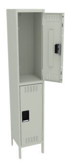 A tall, light gray metal locker with two compartments. The upper compartment is open, showing an empty interior, and the lower compartment is closed. Both have ventilation slots and black handles.