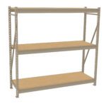 A beige metal shelving unit with two shelves and a flat top. The shelves and top surface are made of wood. The unit is simple in design, featuring a sturdy metal frame with horizontal and diagonal support beams.