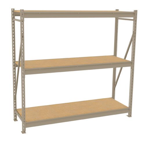 A beige metal shelving unit with two shelves and a flat top. The shelves and top surface are made of wood. The unit is simple in design, featuring a sturdy metal frame with horizontal and diagonal support beams.