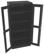 A tall metal cabinet with glass doors open, revealing four adjustable shelves inside. The exterior is black, and the handles are silver. The cabinet appears empty.